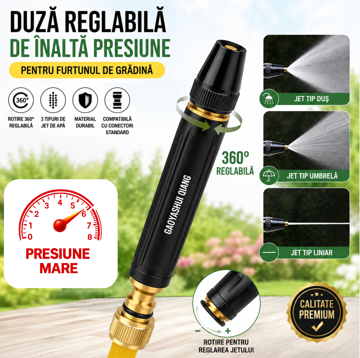 Duză reglabilă de înaltă presiune pentru furtunul de grădină